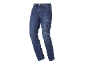Blue denim work trousers with side pockets and stitching details.