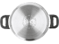 Stainless steel pot bottom with black handles and compatibility symbols.
