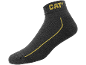 Grey ankle sock with yellow text and a decorative stripe.