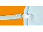 Close-up of a light blue polka dot strap with a white buckle attached to a light blue fabric.