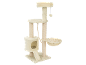 Cream-colored cat tree with multiple levels, a basket, and a dangling toy.