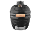 Black ceramic kamado grill with embossed texture, integrated thermometer, and wooden handle.