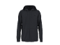 Black hooded jacket with zipper and front pockets.