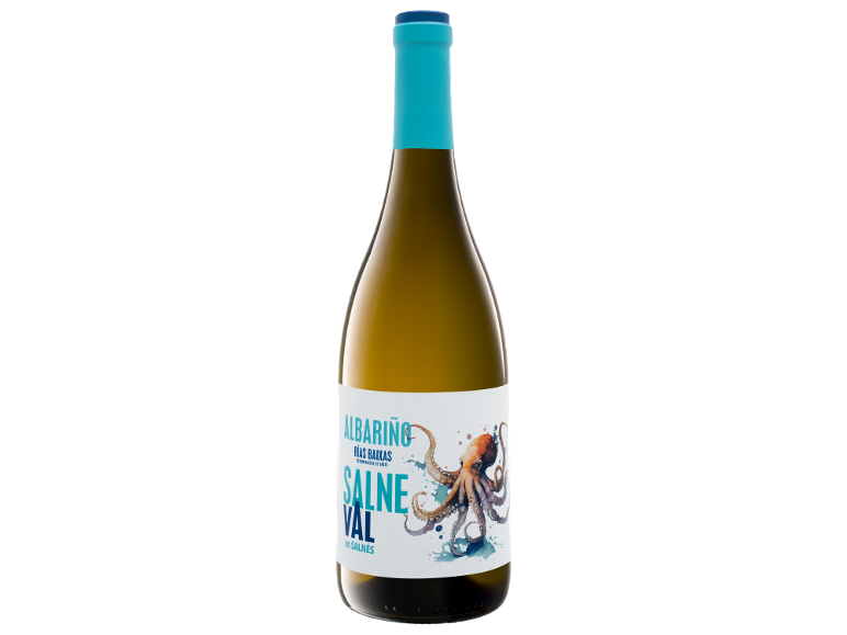 White wine with a blue cap and a label featuring an octopus, Albariño and Salne Val text