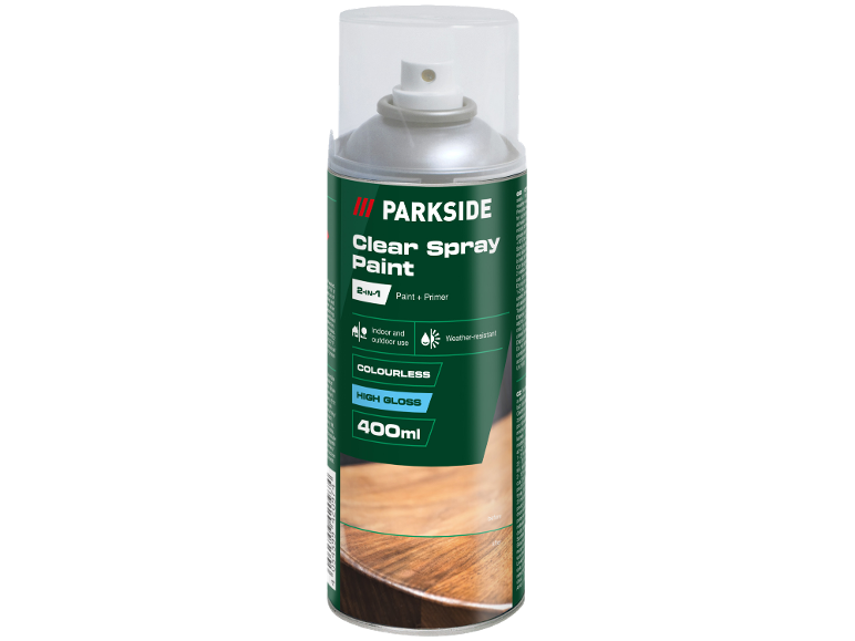 Clear 2-in-1 spray paint and primer, high gloss, 400ml, for indoor and outdoor use.