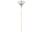 Metal leaf rake with a wooden handle.