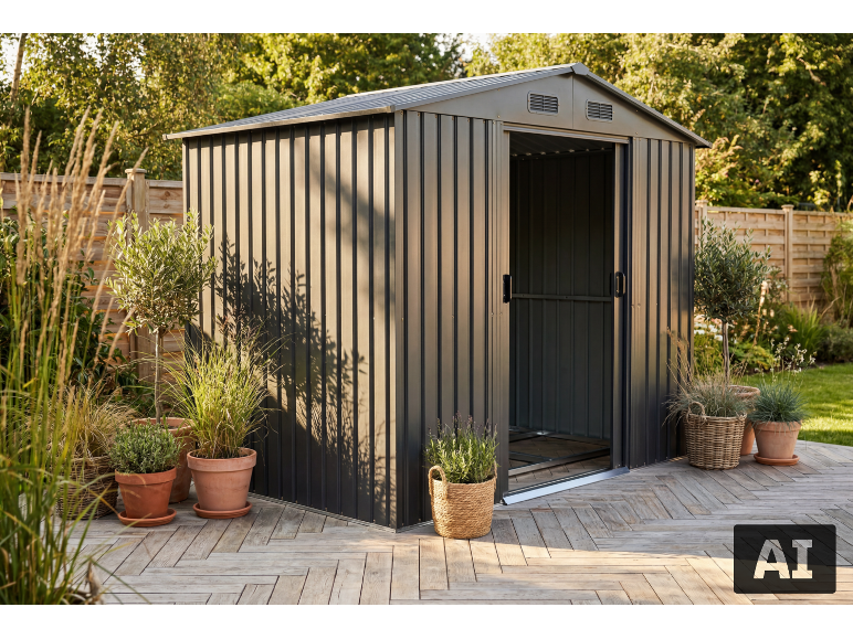 Grey garden shed on a wooden deck with potted plants and a fence in the background.