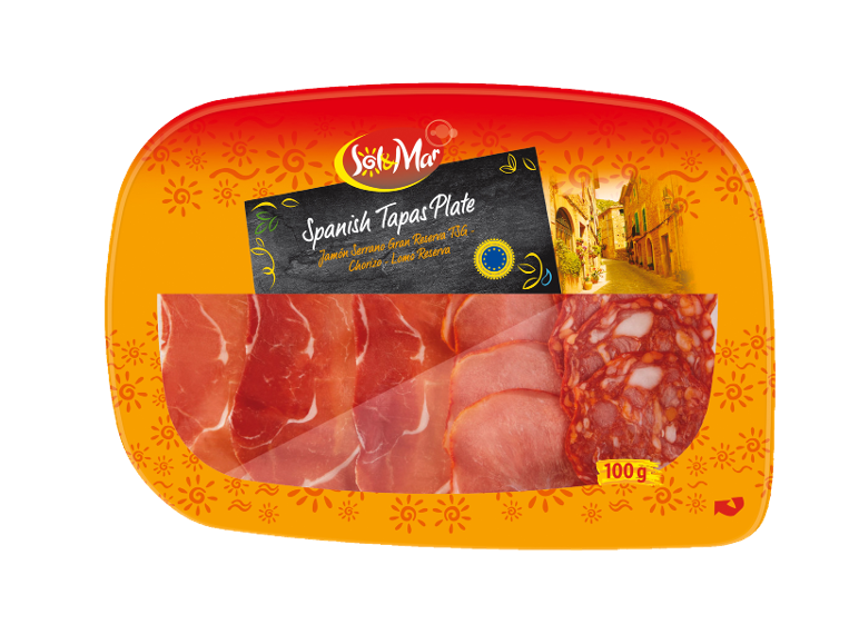 Spanish tapas plate with serrano ham, chorizo, and lomo, 100 g.