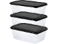 Three clear food containers with black lids, stacked.