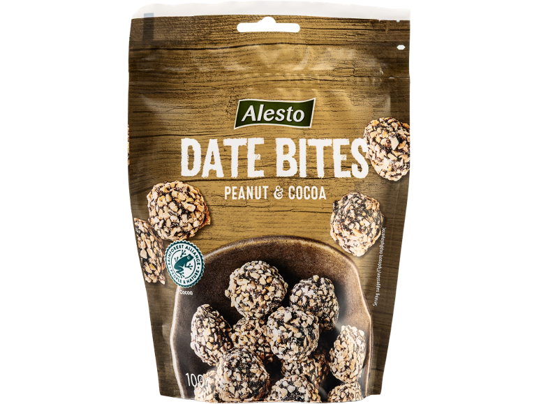Date bites with peanut and cocoa, featuring a Rainforest Alliance certification.