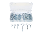 Set of eye screws and hooks in a clear box, various sizes.
