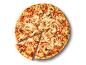 Mushroom pizza with two cut slices, on a white background.