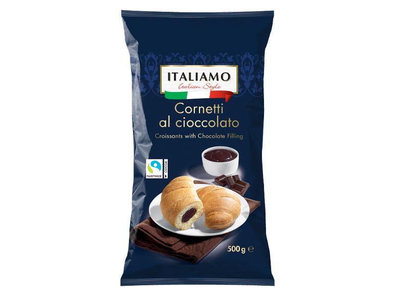 Packet of chocolate-filled croissants, with a plate of croissants and chocolate.