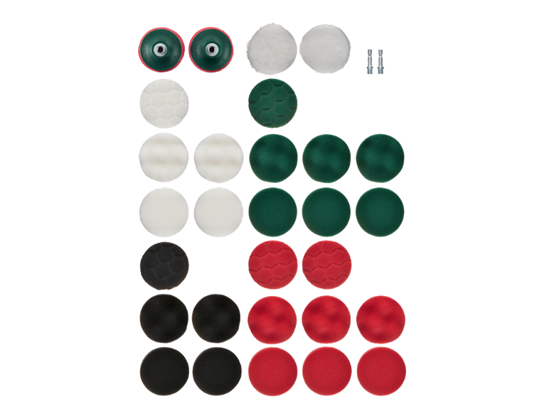 Set of polishing pads in various colors and textures, with two backing pads and two drill adapters.