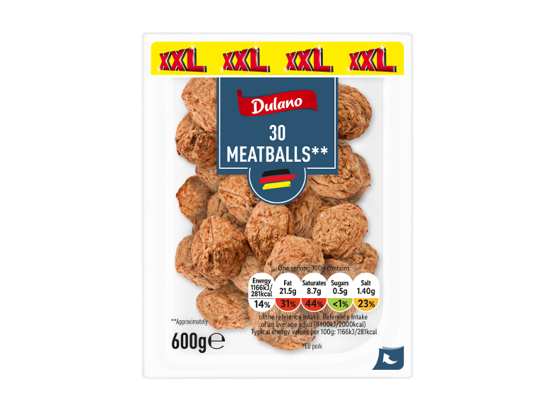 XXL tray of 30 meatballs (600g) with nutritional information.