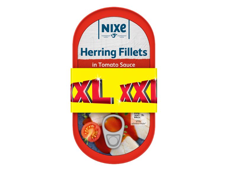 Herring fillets in tomato sauce, with XXL indication and nutritional information.