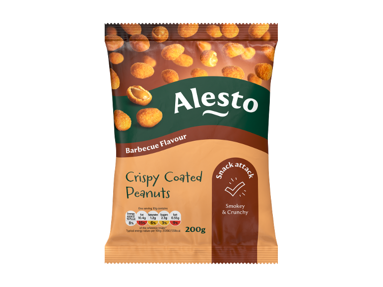 Crispy coated barbecue flavour peanuts, packaging with nutritional information and 'Snack Attack' text.