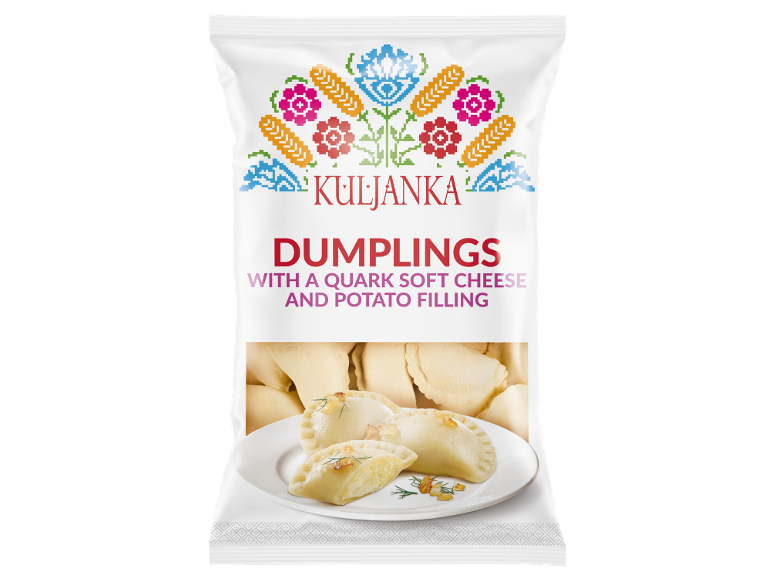 Dumplings packaging with quark soft cheese and potato filling, with a floral pattern.