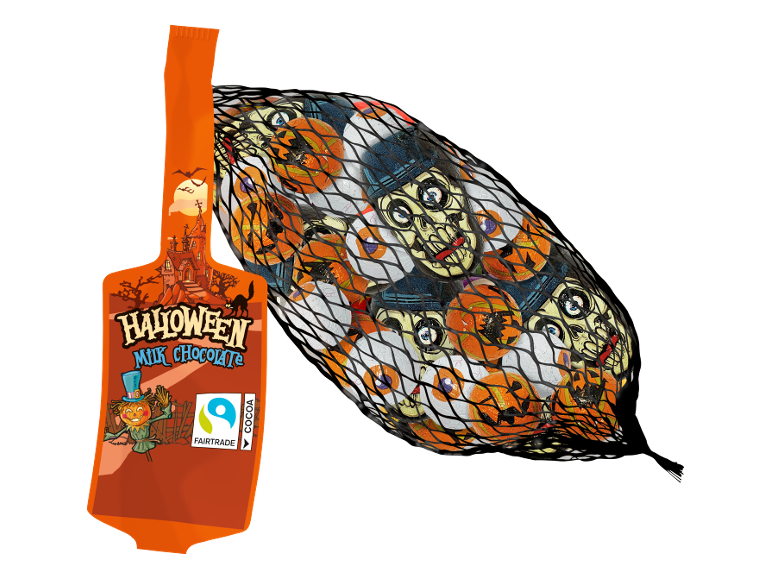 Halloween milk chocolate in a mesh bag with skull and pumpkin designs.