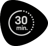 Black badge with a dotted grey circle and the text '30 min.'