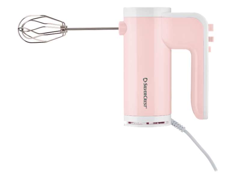 Pink electric hand mixer with a metal wire whisk.