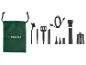 Cleaning accessory set with brushes, nozzles, and a USB charging cable, in a green bag.