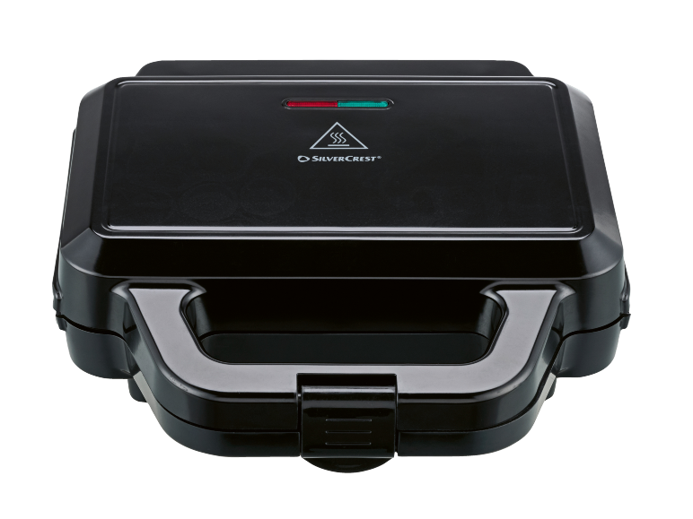 Black sandwich maker with power and ready indicators.