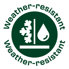 Green weather-resistant seal with snow and water drop icons.