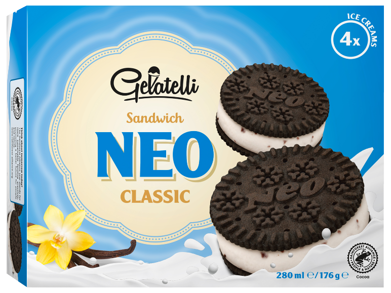 Box of 4 chocolate biscuit and vanilla cream ice cream sandwiches, with a vanilla pod.