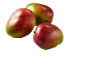 Three ripe mangoes with red and green skin on a black background.