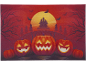Halloween scene with carved pumpkins, a haunted house, bats, and trees under a full moon.