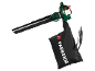 Green and black petrol leaf blower with a black collection bag.