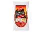 Extra spicy chorizo sausage in packaging, 250g, with chili peppers on a wooden background