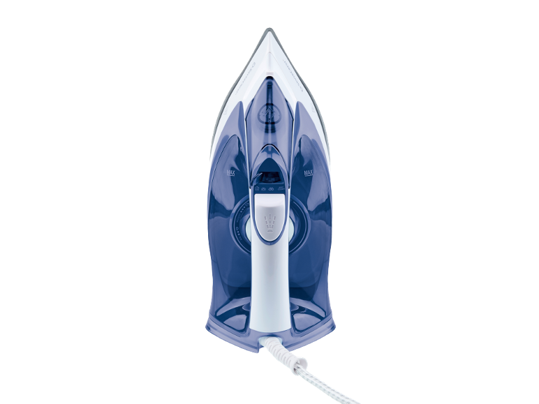 Steam iron in blue and white, viewed from above.