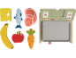 Wooden toy food items including cheese, fish, steak, banana, apple, carrot, and a toy weighing scale.