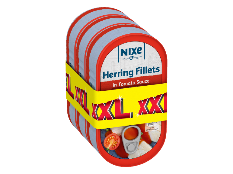XXL herring fillets in tomato sauce, in a stack of cans.
