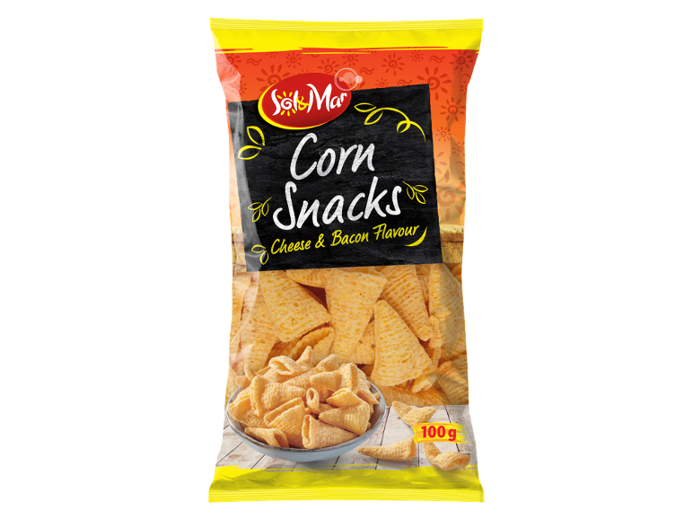Corn snacks with cheese and bacon flavour, 100g package.