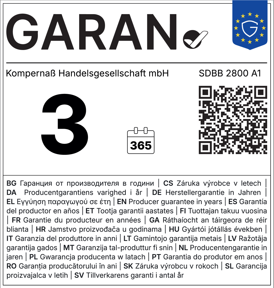 Guarantee 3 years (365 days), manufacturer's guarantee in multiple languages.