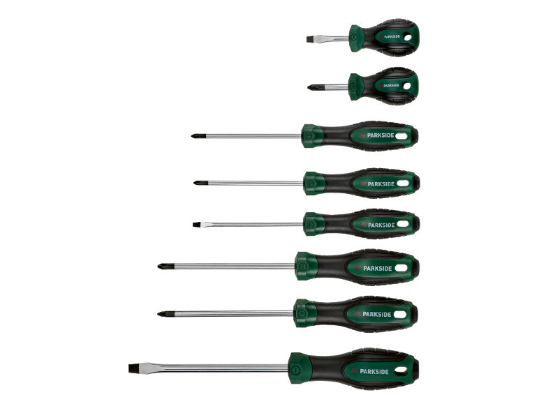 Screwdriver set with green and black handles, various sizes and tips.