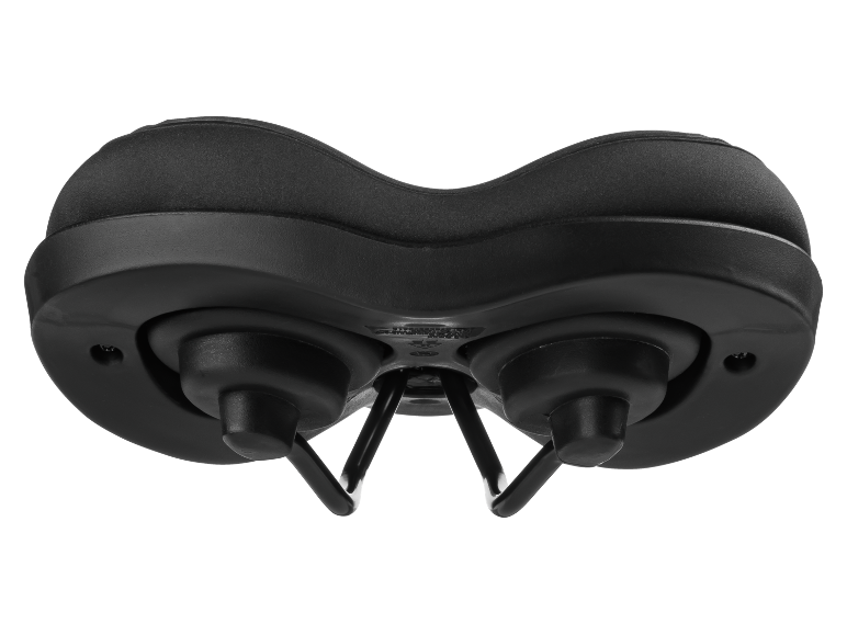 Black, ergonomically designed bicycle saddle viewed from below, with springs and padding.