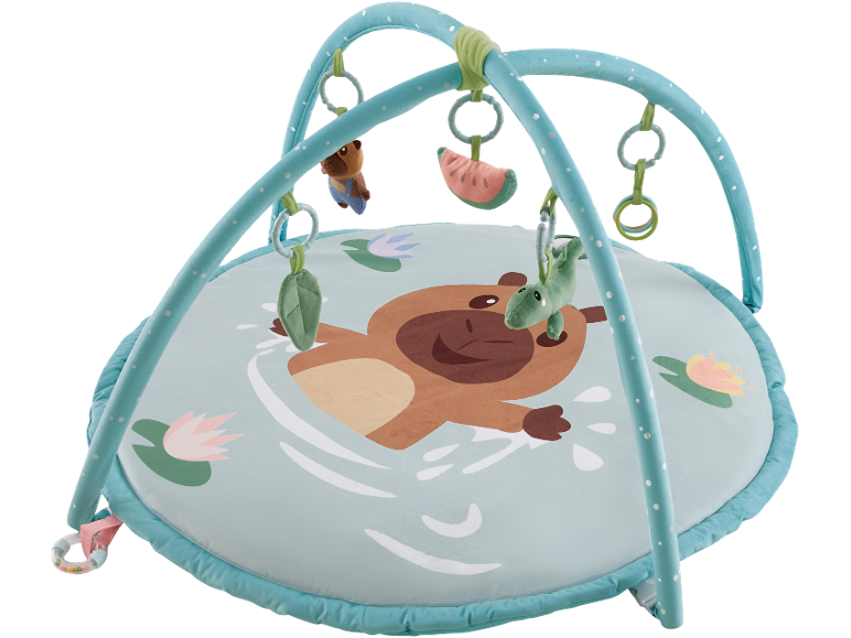 Baby play mat with arches and hanging toys, featuring a swimming animal design.