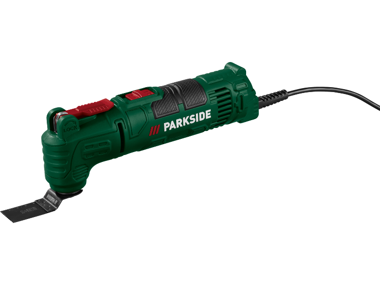 Green electric multi-tool with a cutting attachment and a black cord.