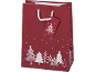 Red Christmas gift bag with white Christmas trees and golden stars.