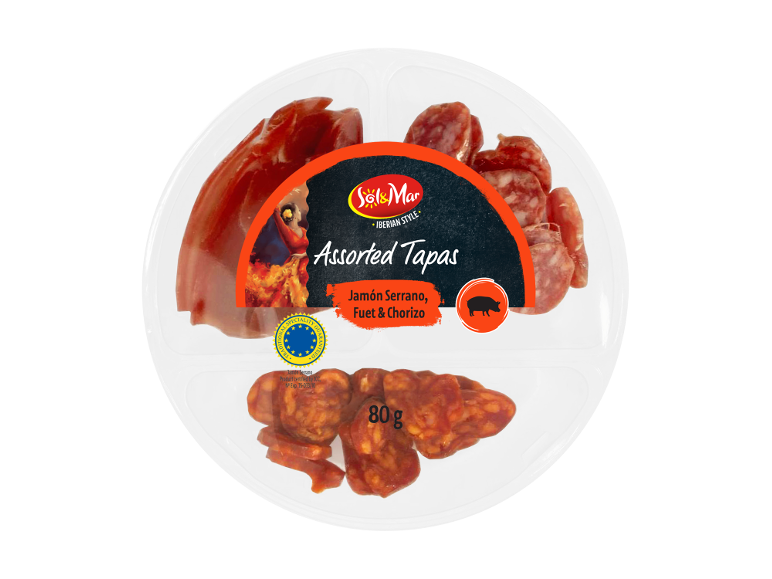 Assorted tapas with Jamón Serrano, Fuet & Chorizo, 80g, Traditional Speciality Guaranteed.
