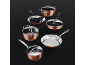 Set of copper-colored pots and pans with stainless steel interiors and glass lids.