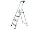 Aluminum stepladder with four steps and a green handle.