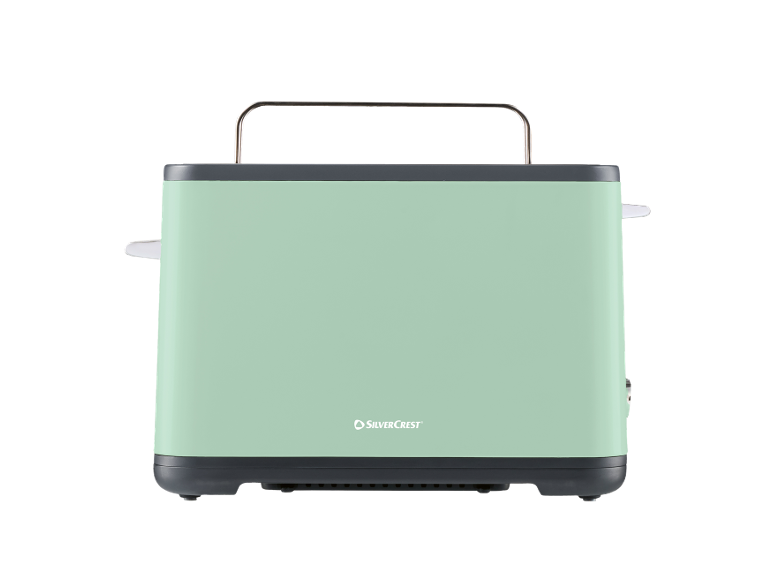 Mint green two-slice toaster with a silver handle.