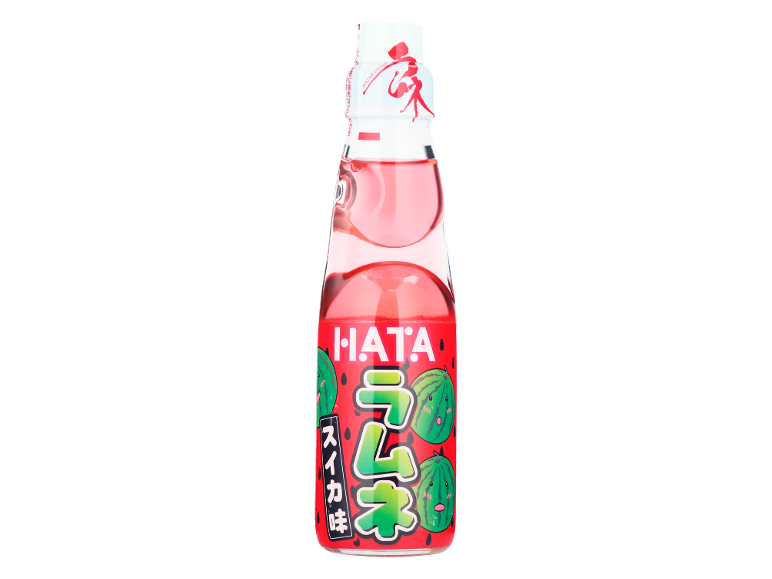 Pink soft drink with a red label featuring drawn watermelons and Japanese text.