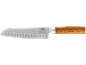 Stainless steel kitchen knife with a wooden handle and dimples on the blade.
