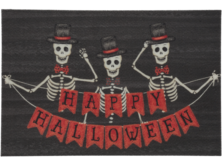 Three skeletons in top hats and red bow ties hold a 'HAPPY HALLOWEEN' banner.